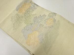 アンティーク　絽屋敷に橋・草花・風景模様織出し丸帯（材料）